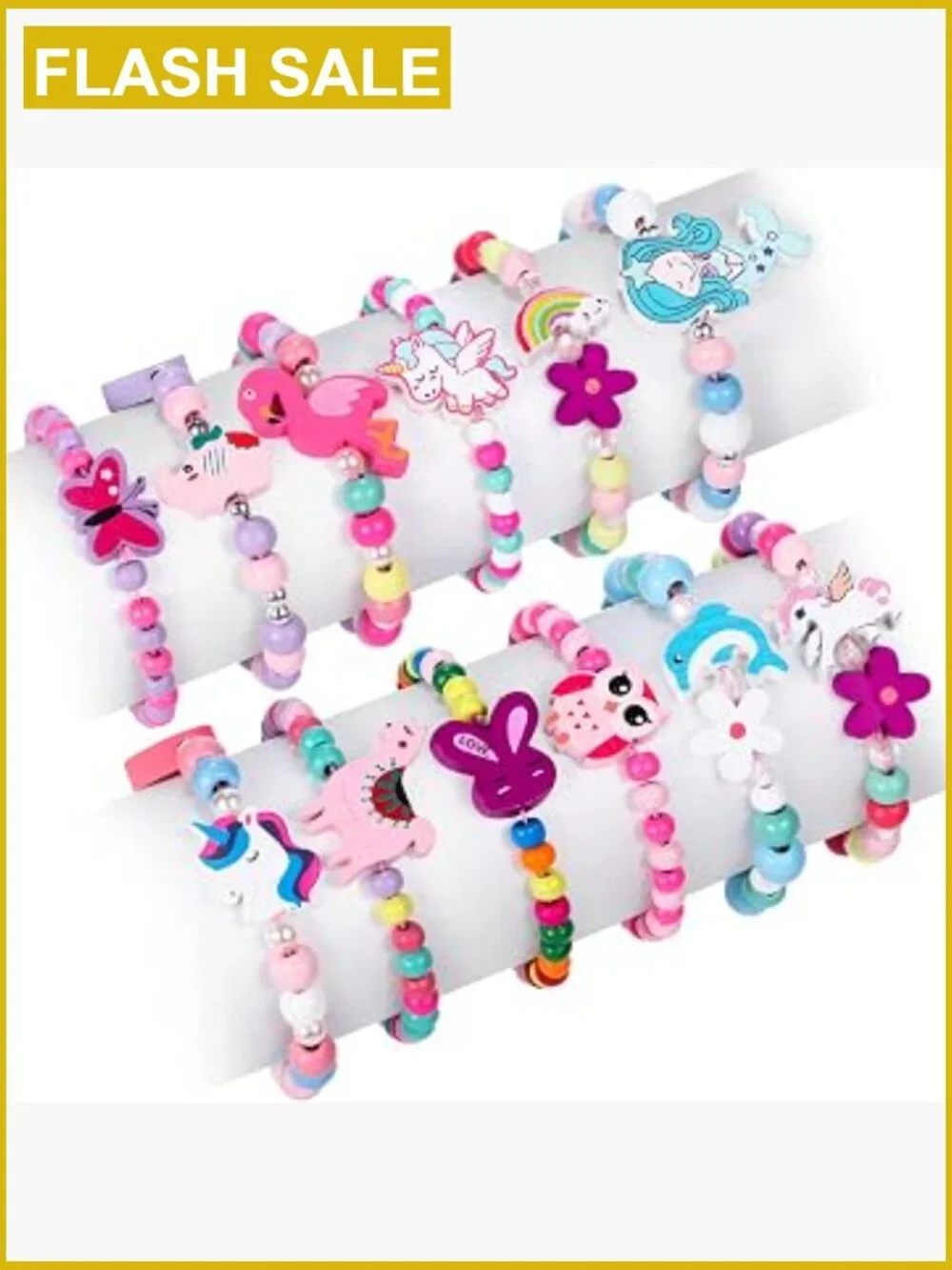 12 Pcs Wooden Beaded Bracelets Girls Unicorn Mermaid Animal Pendant Pretend